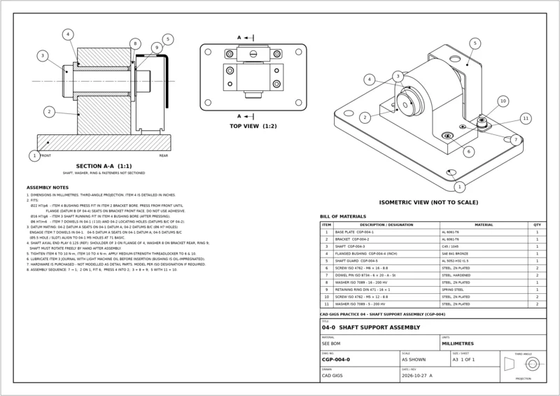 Drawing sheet 04-0 Shaft Support Assembly: section, top and isometric views, assembly notes and BOM